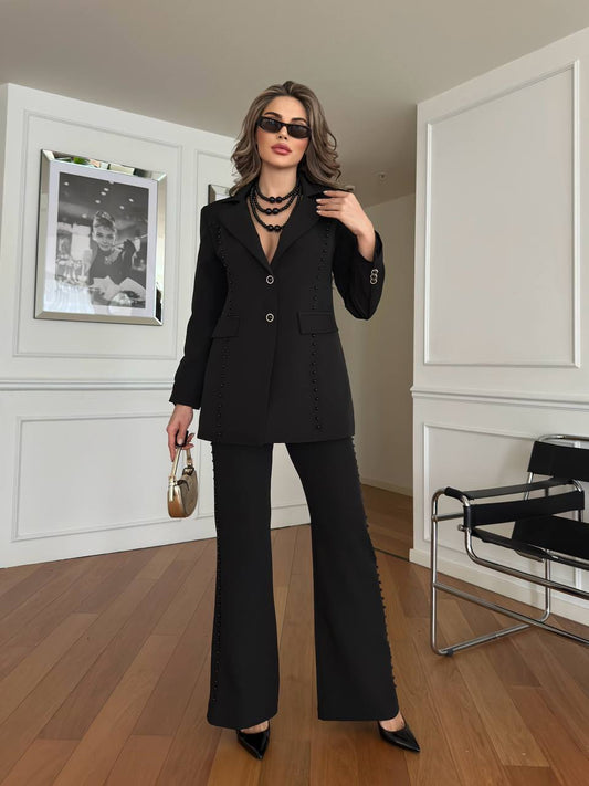 Costum dama negru Lolly din doua piese cu accesoriu colier inclus