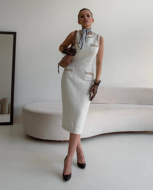 Compleu Alb din Tweed rochie midi și sacou Delilah N3031