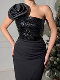 Rochie lunga eleganta, cu paiete, Neagra, cu floare supradimensionata, N202554