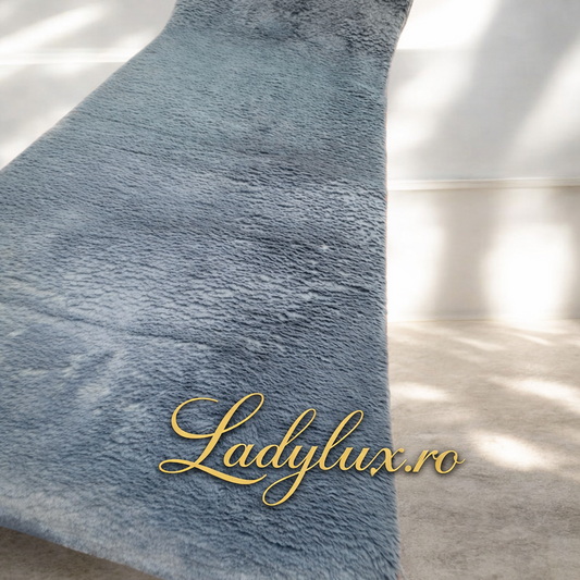 Traversă/Covor la Metru Liniar 200 cm Latime tip Blăniță Gri Antracit, imitație blană de iepuraș, antiderapantă, moale și pufoasă, pentru hol și dormitor