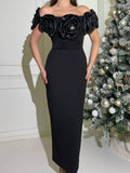 Rochie lunga eleganta, Neagra, cu flori supradimensionate si crapatura, N202549