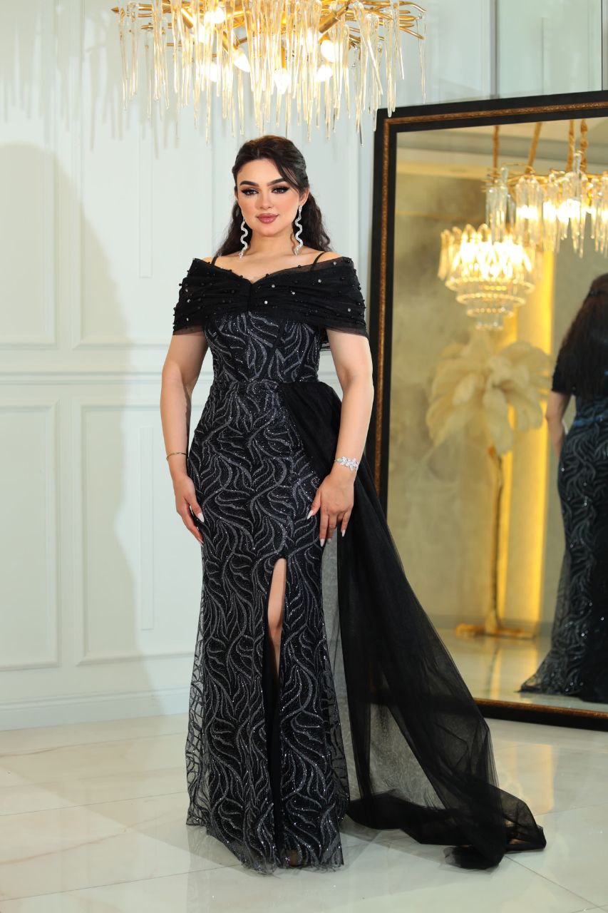 Rochie de seară elegantă din tulle negru cu sclipici și perle Adelyn