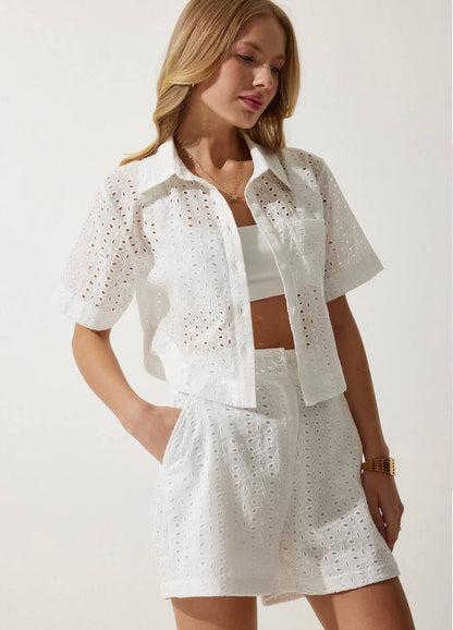 Compleu Alb din Bumbac, brodat, format din doua piese TOLI07