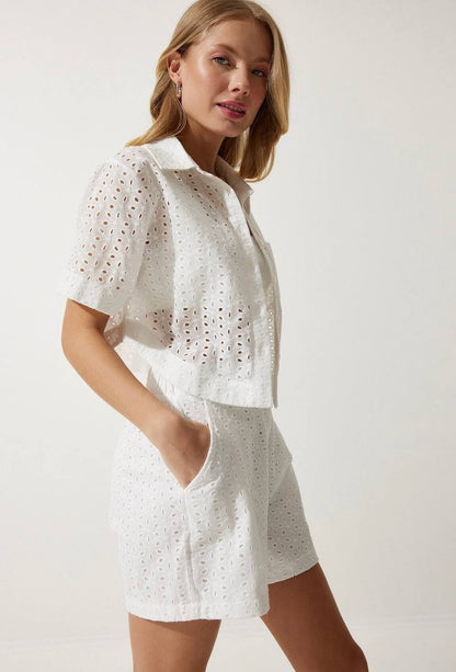 Compleu Alb din Bumbac, brodat, format din doua piese TOLI07