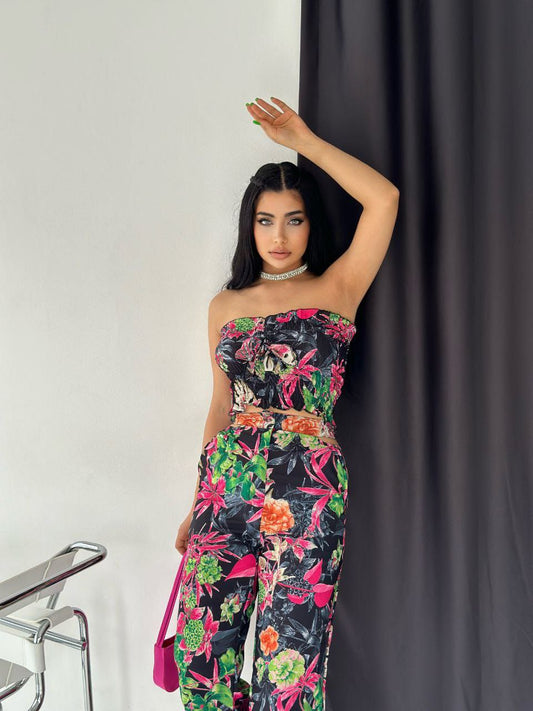 Compleu Dama Top Stil Bustiera si Pantalon Evazat cu Imprimeu Floral BABILON22