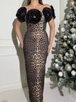 Rochie lunga eleganta, Animal Print, cu flori supradimensionate si crapatura, N202549