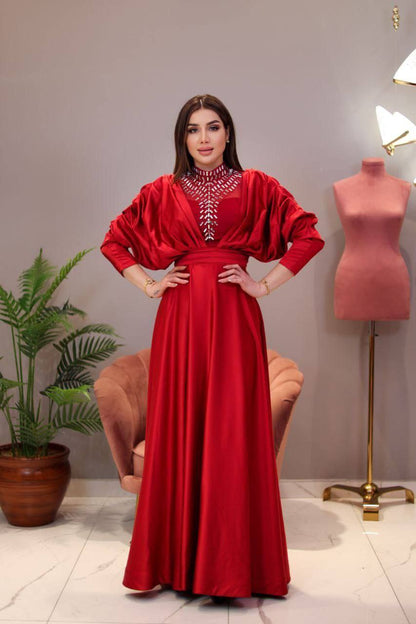 Rochie dama lunga rosie Mira cu maneci lungi si decolteu inalt FloraGvF