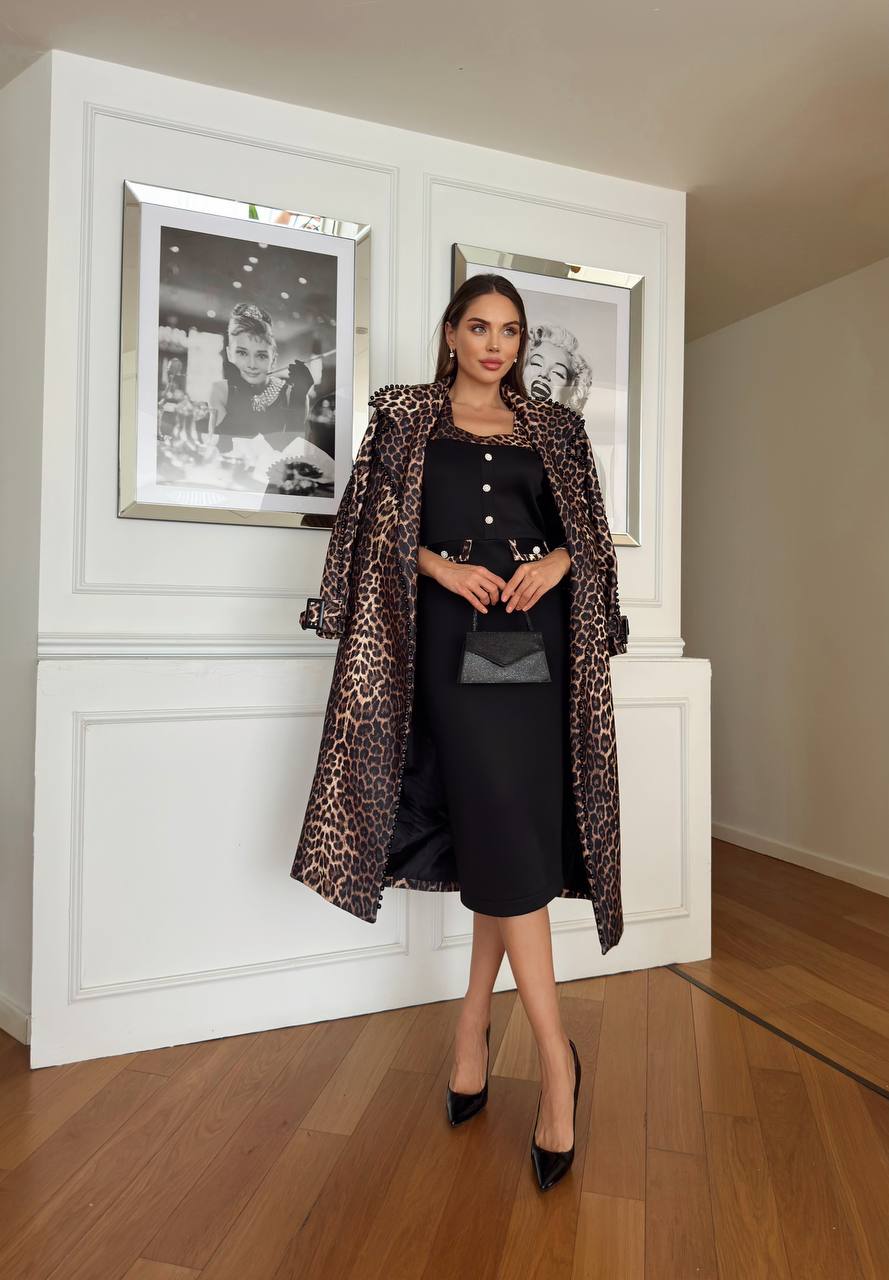 Trench dama animal print leopard decorat cu perle negre Nepalia N202539