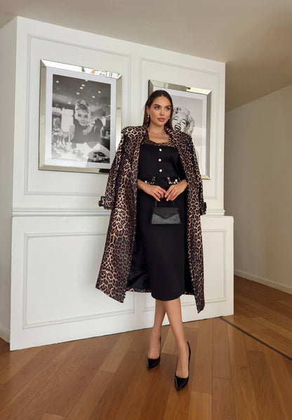 Trench dama animal print leopard decorat cu perle negre Nepalia N202539
