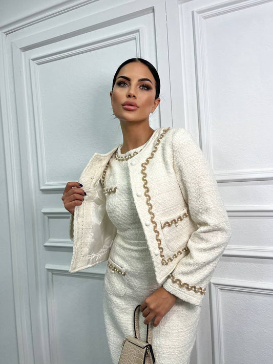 Compleu Alb din Tweed rochie midi și sacou Delilah N3031