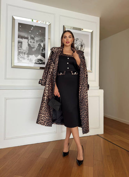 Trench dama animal print leopard decorat cu perle negre Nepalia N202539