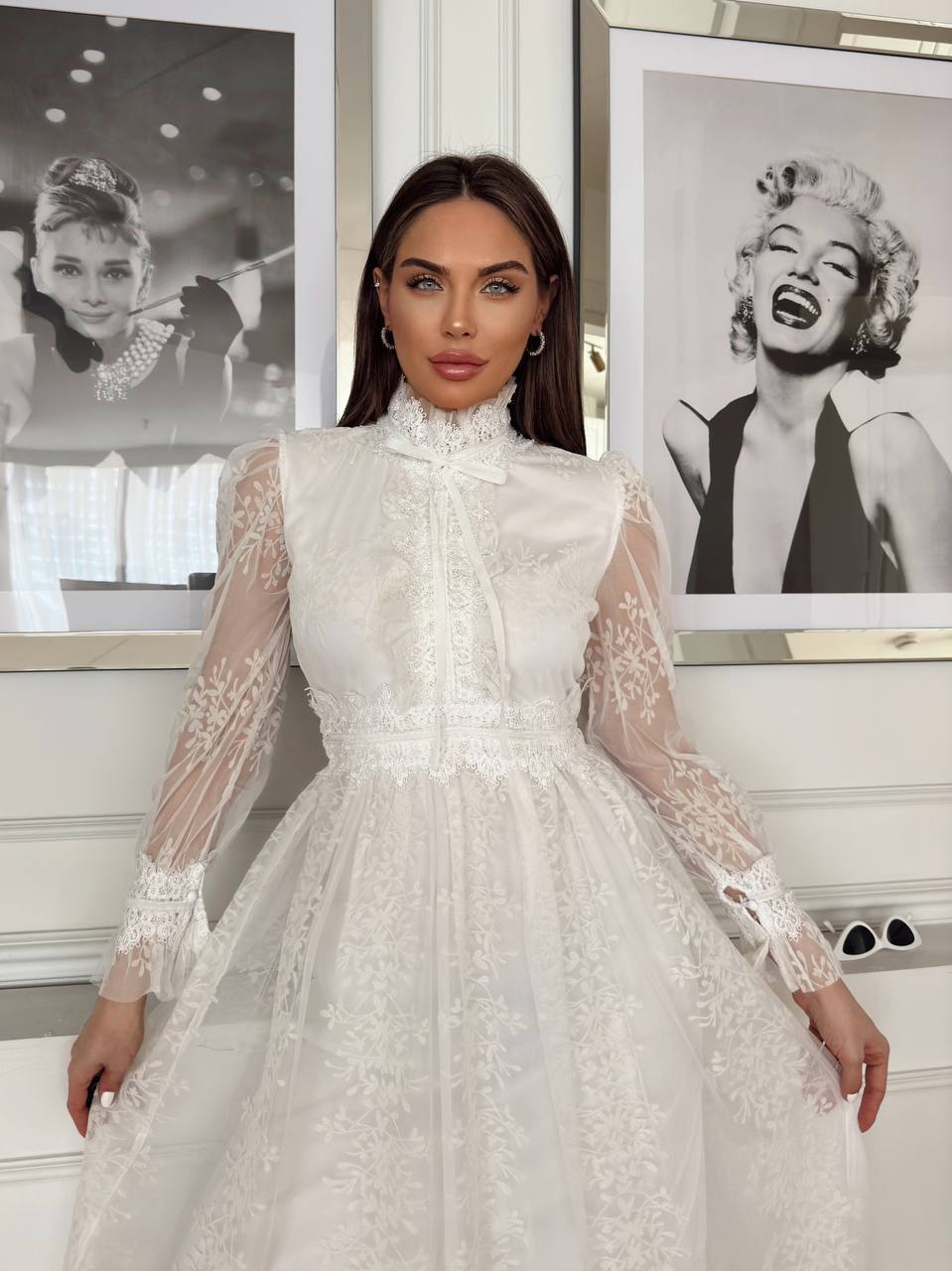 Rochie Midi Alba cu aplicații din dantela Belle N110009