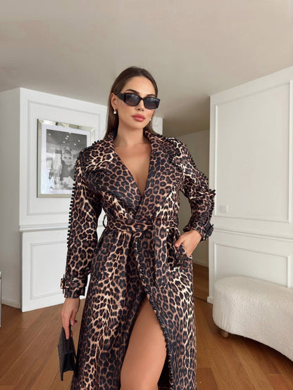 Trench dama animal print leopard decorat cu perle negre Nepalia N202539