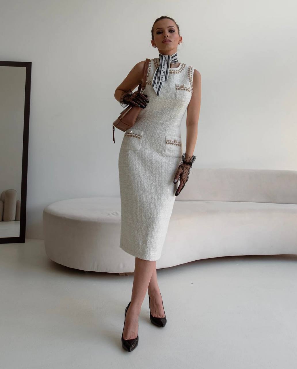Compleu Alb din Tweed rochie midi și sacou Delilah N3031