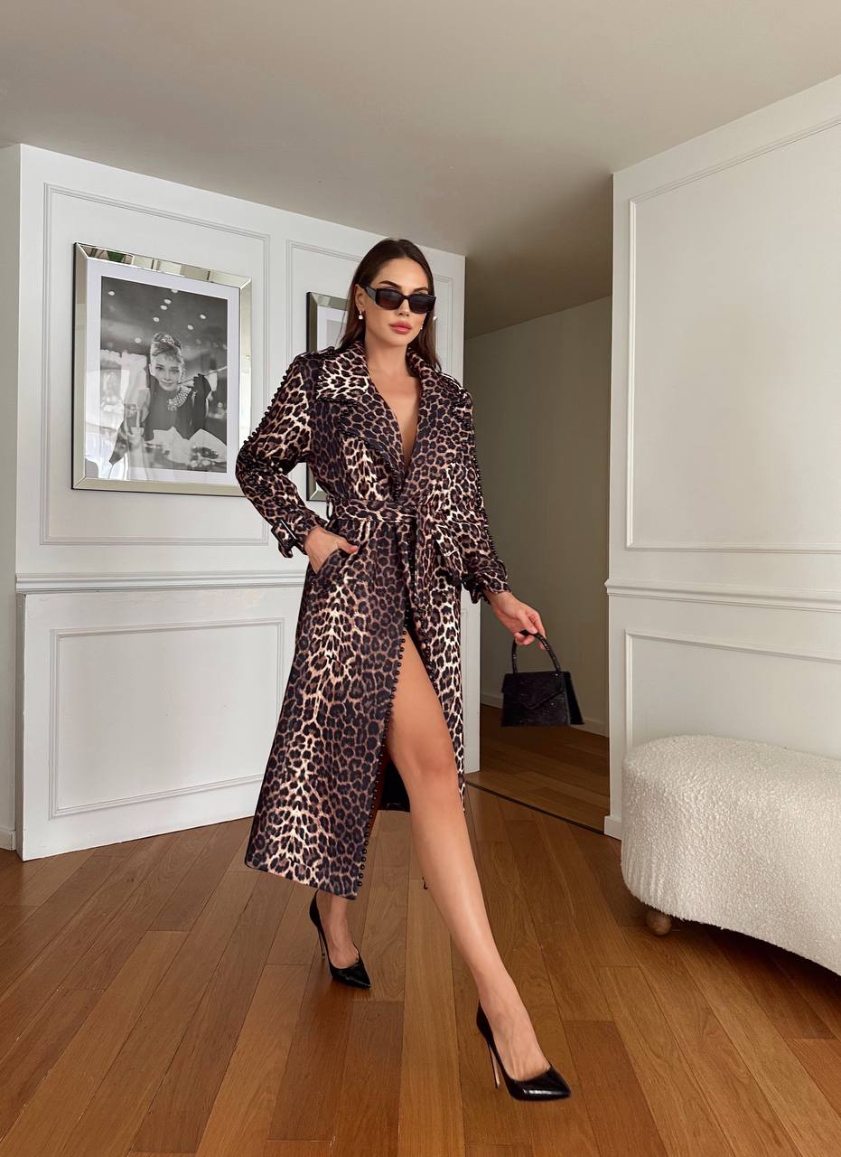 Trench dama animal print leopard decorat cu perle negre Nepalia N202539