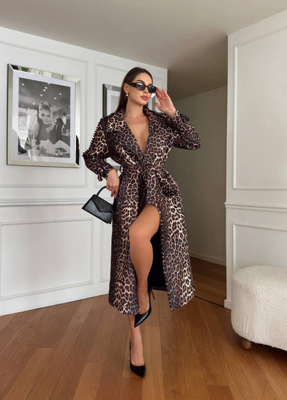 Trench dama animal print leopard decorat cu perle negre Nepalia N202539