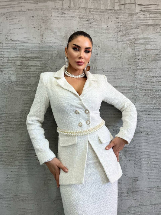Compleu Tweed, alb Fusta + Sacou si accesoriu perle albe Sophia N00327