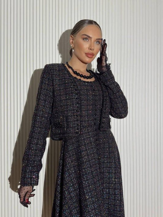 Compleu elegant din tweed cu perle negre și accente rafinate Fathima N003049