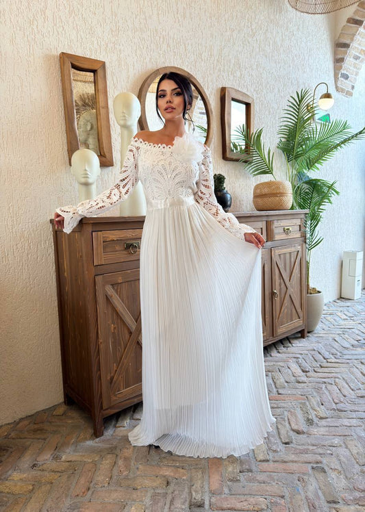 Rochie Albă Boemă cu Dantelă și Fustă Plisată Yllusion N110051