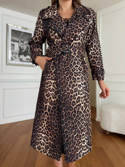 Trench dama animal print leopard decorat cu perle negre Nepalia N202539