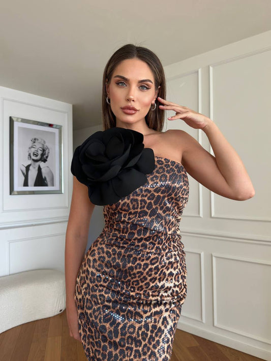 Rochie midi leopard cu paiete și trandafir negru, design sofisticat N110101