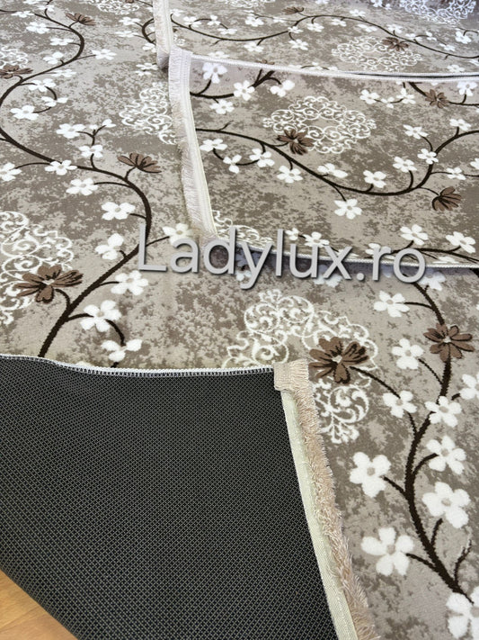 Set Covor cu Pui Model Floral Capucino OKY 1x 140x200 cm  + 2x 60x100 cm