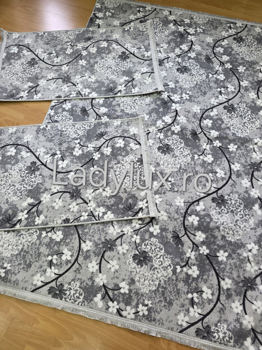 Set Covor cu Pui Model Floral Gri OKY 1x 140x200 cm  + 2x 60x100 cm