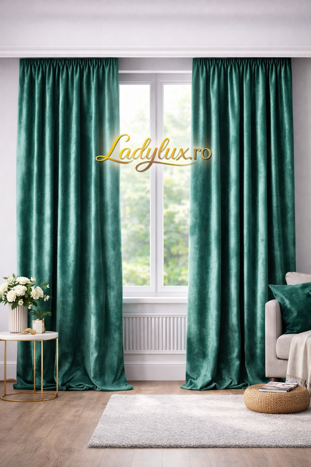 Set Draperii Catifea Simpla Verde Smaral cu Tiv si Rejansa 3m-2.5h