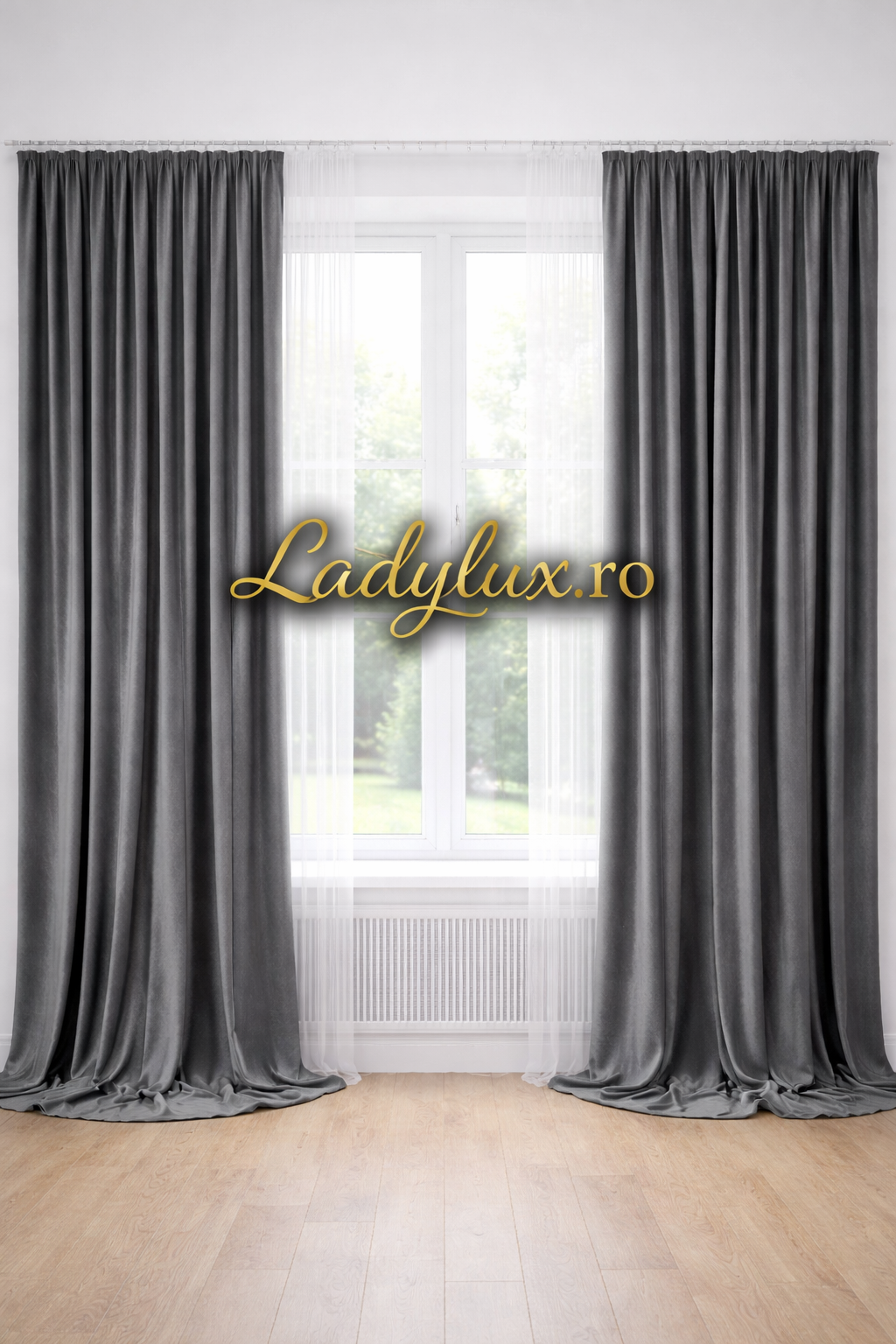 Set Draperii Catifea Simpla  Gri Antracit  Cu Tiv si Rejansa 3M-2.5H