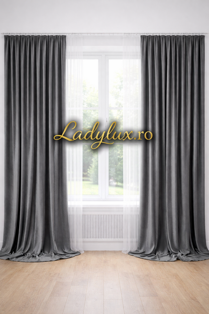Set Draperii Catifea Simpla  Gri Antracit  Cu Tiv si Rejansa 3M-2.5H