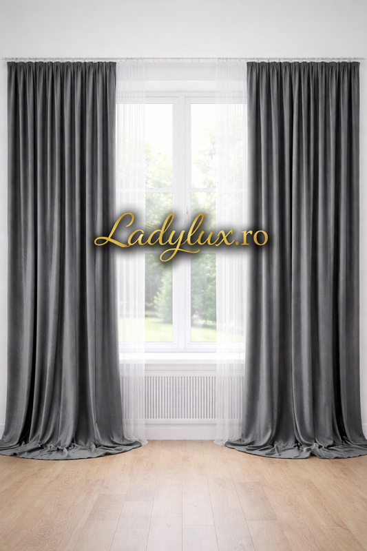 Set Draperii Catifea Simpla  Gri Antracit  Cu Tiv si Rejansa 3M-2.5H