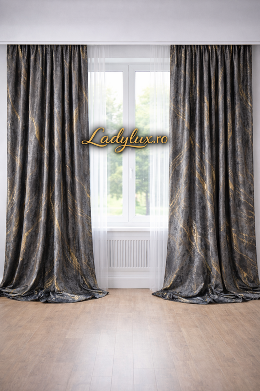 Set Draperii Catifea Gri cu Insertii Aurii  Cu Tiv și Rejansă 3M-2.7h
