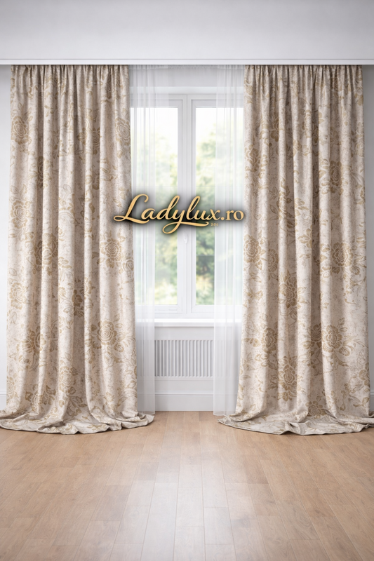 Set Draperii Bej RS Model Trandafir 3M x2.7h Cu Tiv si Rejansă