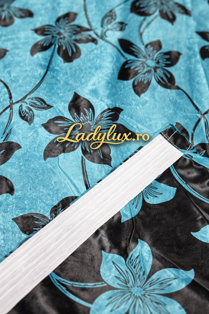 Set Draperii Turcoaz cu Flori Negre 3M x 2.7h - Cu Tiv si Rejansa