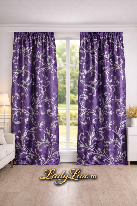 Set Draperii Mov  Gata Cusute cu Tiv si Rejansă, 3M x 2.5 h Model Frunza
