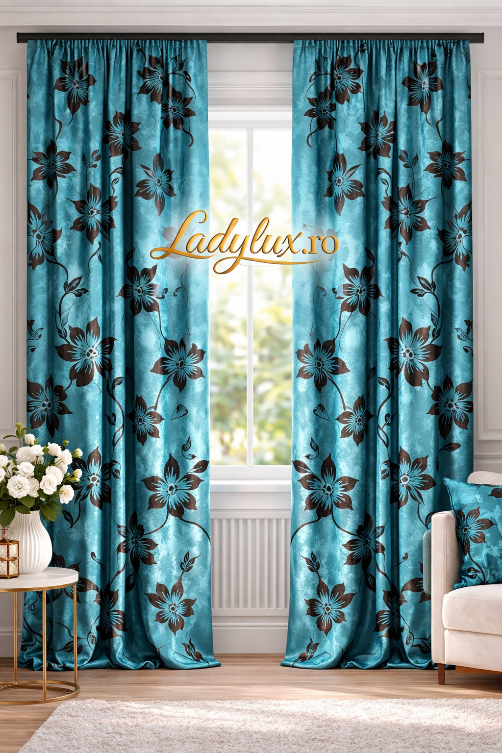 Set Draperii Turcoaz cu Flori Negre 3M x 2.7h - Cu Tiv si Rejansa