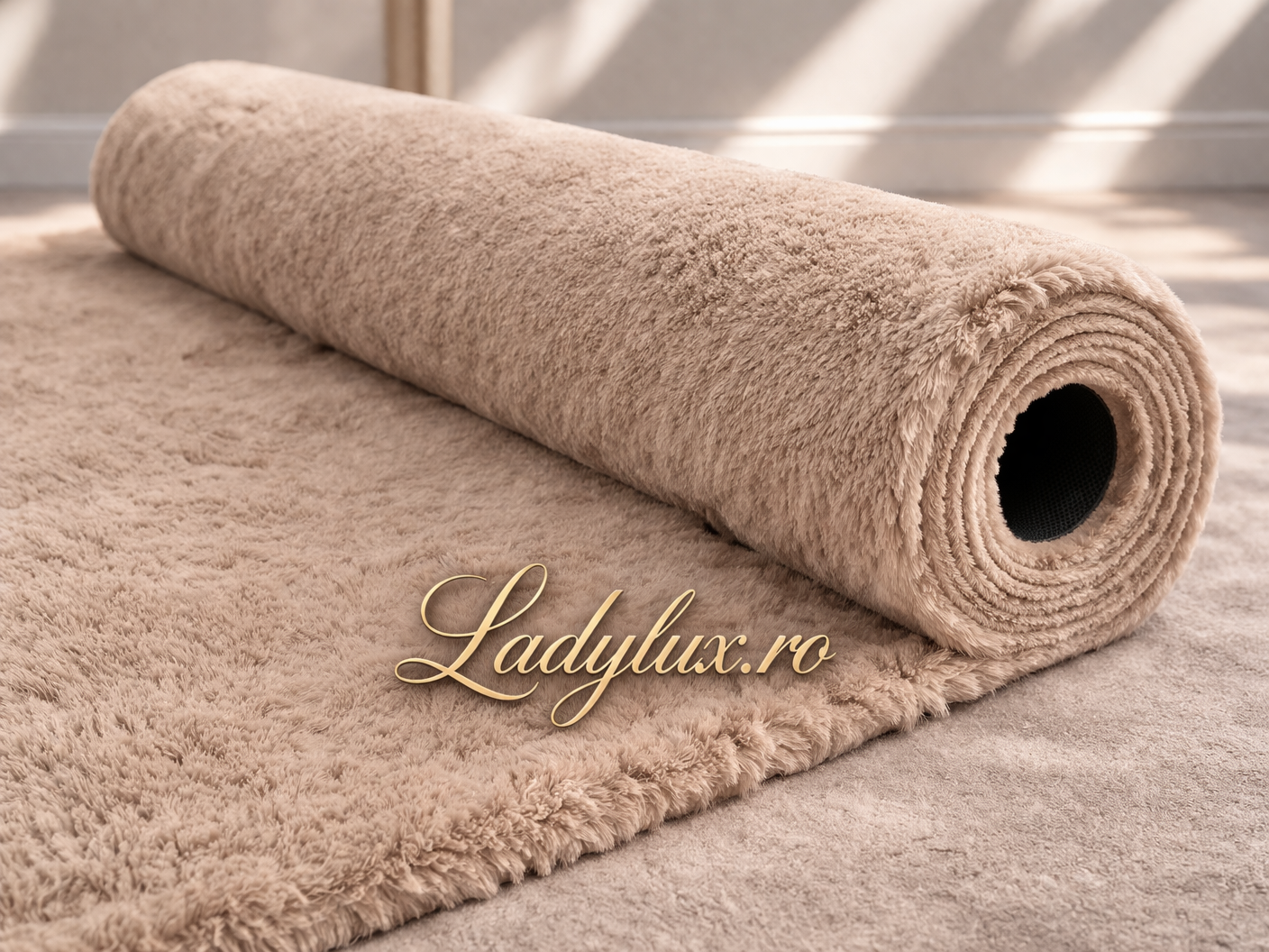 Traversă/Covor la Metru Liniar 200 cm Latime tip Blăniță Capucino, imitație blană de iepuraș, antiderapantă, moale și pufoasă, pentru hol și dormitor