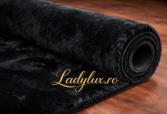 Traversă/Covor la Metru Liniar 80 cm Latime tip Blăniță Neagra, imitație blană de iepuraș, antiderapantă, moale și pufoasă, pentru hol și dormitor